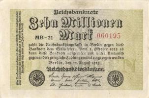 Német Birodalom / Weimari Köztársaság 1923. 10.000.000M (5x) közte egymás utáni ill. közeli sorszámo...