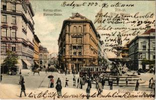 1903 Budapest VIII. Baross utca, Üllői út, Calvin kávéház, gyógyszertár, magyar fém és lámpaáru gyárak, villamos (EK)