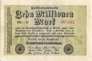 Német Birodalom / Weimari Köztársaság 1923. 10.000.000M (4x) közte közeli sorszámokkal T:I-,II+