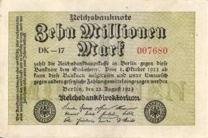 Német Birodalom / Weimari Köztársaság 1923. 10.000.000M (4x) közte közeli sorszámokkal T:I-,II+