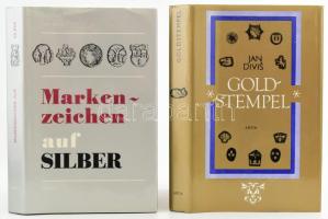 2 db német nyelvű könyv (ezüst- és aranyjelzések): Jan Divis: Goldstempel. + Markenzeichen auf Silber. Prága, 1984, Artia. Számos ábrával illusztrálva. Kiadói egészvászon-kötés, kiadói papír védőborítóban.