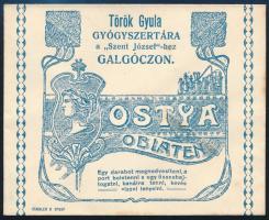 cca 1910 Galgóc (Hlohovec/Freistadt), Török Gyula Gyógyszertára a Szent József-hez Ostya/Oblaten boríték, szecessziós illusztrációval, 8,5x10,5 cm