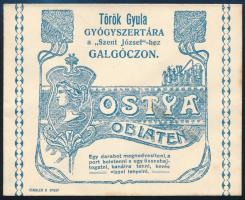 cca 1910 Galgóc (Hlohovec/Freistadt), Török Gyula Gyógyszertára a "Szent József"-hez Ostya/Oblaten boríték, szecessziós illusztrációval, 8,5x10,5 cm