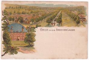 1897 (Vorläufer!) Királyhida, Bruckújfalu Tábor, Brucker Lager, Bruckneudorf; Schloss Prugg (Bruck an der Leitha), Gruss aus dem Brucker Lager / Prugg (Harrach) kastély (Lajtabruck), katonai tábor / castle, K.u.K. military camp and barracks. Art Nouveau, floral, litho (r)