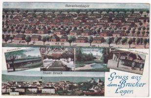 1918 Királyhida, Bruckújfalu Tábor, Brucker Lager, Bruckneudorf; Brucki katonai tábor, belső, Prugg (Harrach) kastély, Tábori főőrség / Barackenlager, Mannschafts-Baracke, Innere Baracke, Schloß Prugg, Lager Hauptwache, Stadt Bruck / K.u.K. military camp and barracks, interior, castle, main guard. Verlag v. Alex J. Klein No. 801f. (fa)