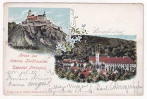 1901 Fraknó, Forchtenau, Forchtenstein; Schloss / Fraknó vára, látkép. S. Schön kiadása / castle, general view. Floral (kis szakadások / small tears)