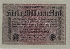 Német Birodalom / Weimari Köztársaság 1923. 50.000.000M (3x) szürke papíron, egymás utáni ill. kis ugrású sorszámokkal T:I(gyári hajlással)