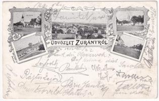 1902 Zurány, Zarándfalva, Zurndorf; Római katolikus templom, Dinamitgyár, látkép, Evangélikus templom, Fő utca. Freistadt M. kiadása / Catholic church, dynamite factory, Lutheran church, general view, main street. Art Nouveau, floral (EK)