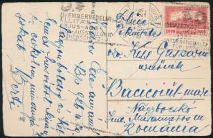 1926 Képeslap Romániába küldve alkalmi bélyegzéssel "NEMZETKÖZI EMBERVÉDELMI KIÁLLÍTÁS" / Postcard to Romania with special cancellation