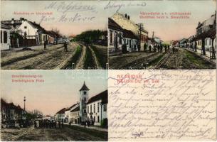 1912 Nezsider, Neusiedl am See; Alsóváros, utca részlet az adóhivatalnál, Szentháromság tér, üzletek. Horváth J. kiadása / Unterstadt, Stadtteil beim k. Steueramte, Dreifaltigkeits Platz / street view, tax office, Holy Trinity Square, shops (EK)