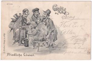 1898 (Vorläufer) Gruss aus Friedliche Löwen. Regel & Krug Leipzig No. 3006. / Peaceful lions. Jewish vendors. Judaica mocking art postcard / Zsidó gúnyrajz, Judaika (fl)