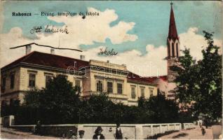 1918 Rohonc, Rechnitz; Evangélikus templom és iskola. Stelczer Adolf kiadása / Lutheran church and school (EK)