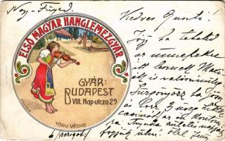 Első Magyar Hanglemezgyár reklámlapja. Budapest VIII. Nap utca 29. / The First Hungarian Record Companys advertising card. Art Nouveau, folklore, litho s: Reichl K. (EK)