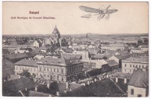 1913 Szeged, Gróf Montigny és Croquet fölszállása, repülőgép montázs, zsinagóga. Grünwald Herman kiadása (EK)