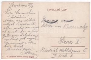 1913 Szeged, Gróf Montigny és Croquet fölszállása, repülőgép montázs, zsinagóga. Grünwald Herman kia...