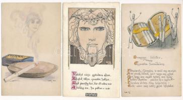 TETTEY EMIL (1885-1963) - 19 db eredeti saját kézzel rajzolt és megírt művész képeslap / 19 pre-1945...