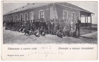 1903 Budapest XXII. Nagytétény, Tétényi katonai lövölde, táborozás a kantin előtt. Weigand István kiadása (fa)