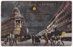 Budapest VI. Andrássy út éjjel. Humoros montázs részeg férfiakkal, Újévi üdvözlettel / Humorous montage with drunk men at night (EK)