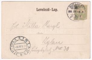 1906 Budapest, Erzsébet híd. "Kirándulás Budapestre" Montázs esernyős repülő úriemberrel é...