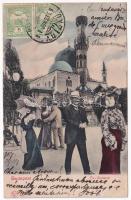 1907 Budapest XIV. Ős-Budavár a Városligetben. Kl.V. Bp. 45. Montázs hölgyekkel és urakkal (r)