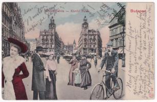 1904 Budapest V. Klotild palota, épülő Erzsébet híd a háttérben, Magyar Bútoráruház. Kl.V. Bp. 24. Montázs hölgyekkel és urakkal, kerékpárossal (EK)