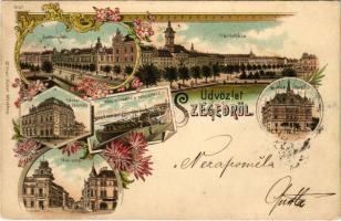1897 (Vorläufer!) Szeged, Városháza, Széchenyi tér, Városi színház, Híd utca, Közúti vashíd és rakpart, MÁV palota. Art Nouveau, floral, litho (EK)
