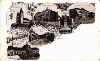 1898 (Vorläufer) Debrecen, Római katolikus templom, Zenede, Tisza Palota, Csokonai szobor, Margit fürdő, Füvészkert torkolat. László Albert kiadása, Art Nouveau, floral, litho (EK)