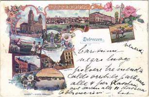 1898 (Vorläufer) Debrecen, Református nagytemplom, látkép, Református kollégium, Hortobágy, magyar folklór, Csokonai szobor, Kossuth utca, Piac nyugati részlete. Csokonai nyomda kiadása. Art Nouveau, floral (EK)