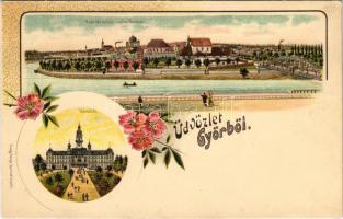 Győr, Radó tér, Újváros, Városháza, zsinagóga, híd. Polgár Bertalan kiadása. Art Nouveau, floral, litho