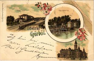1899 (Vorläufer) Győr, pályaudvar, vasútállomás, Régi Rába híd, városház. Röszler Károly kiadása. Art Nouveau, floral, litho (ázott sarok / wet corner)