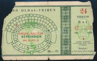 1954 Jegy a Népstadionba az Aranycsapat 7:1 re végződött magyar-angol focimeccsére, a 6:3 visszavágójára Sérült / 1954 Ticket for the England vs Hungary match in Budapest. The return match of the 6:3.