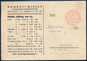 cca 1940 Reményi Mihály hangszerkészítő reklám levelezőlap árjegyzékkel