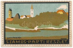 Szatmárnémeti, Satu Mare; Szamos part. Wiener Werkstätte stílusú művészlap. Reizer János kiadása / Somes riverside. Wiener Werkstätte style Art Nouveau litho postcard s: Litteczky Endre (fl)