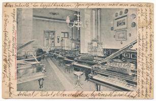 1905 Kolozsvár, Cluj; Triska zongora raktára (Friedrich Ehrbar, Bösendorfer), üzlet belső. Divald / piano warehouse, shop interior (vágott / cut)