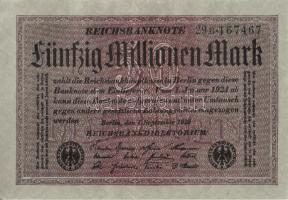 Német Birodalom / Weimari Köztársaság 1923. 50.000.000M (6x) szürke papíron, egymás utáni ill. közeli sorszámokkal T:II+,II