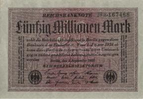 Német Birodalom / Weimari Köztársaság 1923. 50.000.000M (6x) szürke papíron, egymás utáni ill. közel...