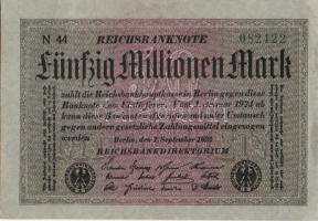 Német Birodalom / Weimari Köztársaság 1923. 50.000.000M (6x) szürke papíron, egymás utáni ill. közel...