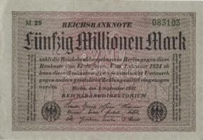 Német Birodalom / Weimari Köztársaság 1923. 50.000.000M (2x) szürke papíron, egymás utáni sorszámokkal T:I,I-