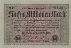 Német Birodalom / Weimari Köztársaság 1923. 50.000.000M (3x) szürke papíron, közeli sorszámokkal T:I-