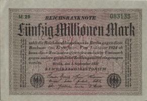 Német Birodalom / Weimari Köztársaság 1923. 50.000.000M (3x) szürke papíron, közeli sorszámokkal T:I...