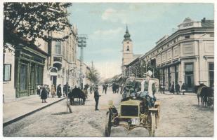 Lugos, Lugoj; Templom utca, Közgazdasági Bank, kávéház, üzlet. Auspitz Adolf kiadása, montázs autóval / street, bank, cafe, shop. Montage with automobile (fl)