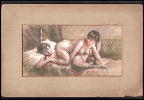 Jelzés nélkül:Leszbikus erotikus jelenet. Akvarell, papír. Paszpartuban. 16x30 cm