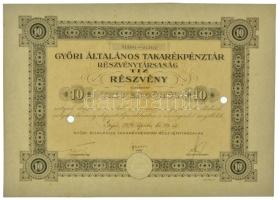 Győr 1926. "Győri Általános Takarékpénztár Részvénytársaság" tíz részvénye egyenként 10P-ről, szárazpecséttel, két lyukasztással érvénytelenítve T:XF kis folt