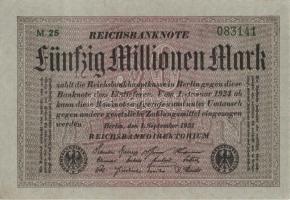 Német Birodalom / Weimari Köztársaság 1923. 50.000.000M (4x) szürke papíron, kis ugrású sorszámokkal T:I