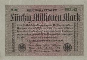 Német Birodalom / Weimari Köztársaság 1923. 50.000.000M (4x) szürke papíron, kis ugrású sorszámokkal...