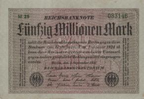 Német Birodalom / Weimari Köztársaság 1923. 50.000.000M (4x) szürke papíron, kis ugrású sorszámokkal...