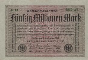 Német Birodalom / Weimari Köztársaság 1923. 50.000.000M (4x) szürke papíron, kis ugrású sorszámokkal...