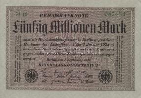 Német Birodalom / Weimari Köztársaság 1923. 50.000.000M (3x) szürke papíron, közeli sorszámokkal T:I,I-