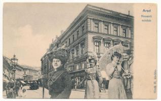 Arad, Nemzeti színház, utca, villamos, Hoffmann Sándor divatáruház üzlete, Fehér Kereszt szálloda. Bloch H. kiadása, montázs / theatre, street, shops, hotel, tram