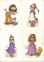 33 db MODERN gyerek motívumlap, üdvözlőlapok, mesefigurás képeslapok, közte Füzesi Zsuzsa grafikai m...